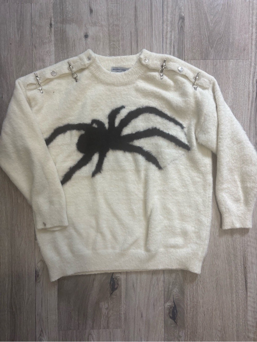 Aelfric Eden Cream fuzy knit Sweater with Black Spider Graphic